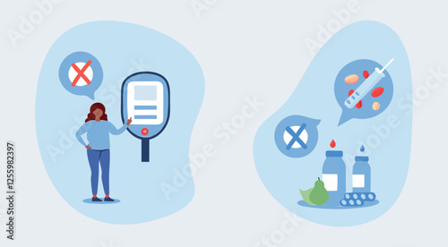 Diabetic nutrition for individuals with diabetes, medical report or diagnosis card, diabetes management and healthcare. Diabetes level set flat vector modern illustration.