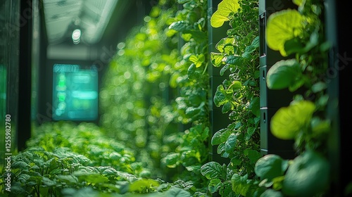 Lush vertical garden with fresh greenery in modern indoor hydroponic farm