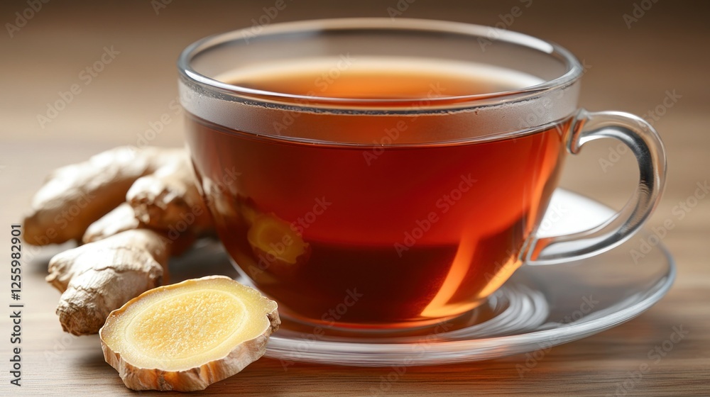 Ginger tea cup on wood, warm drink, kitchen setting Ginger tea cup on wood, warm drink, kitchen setting