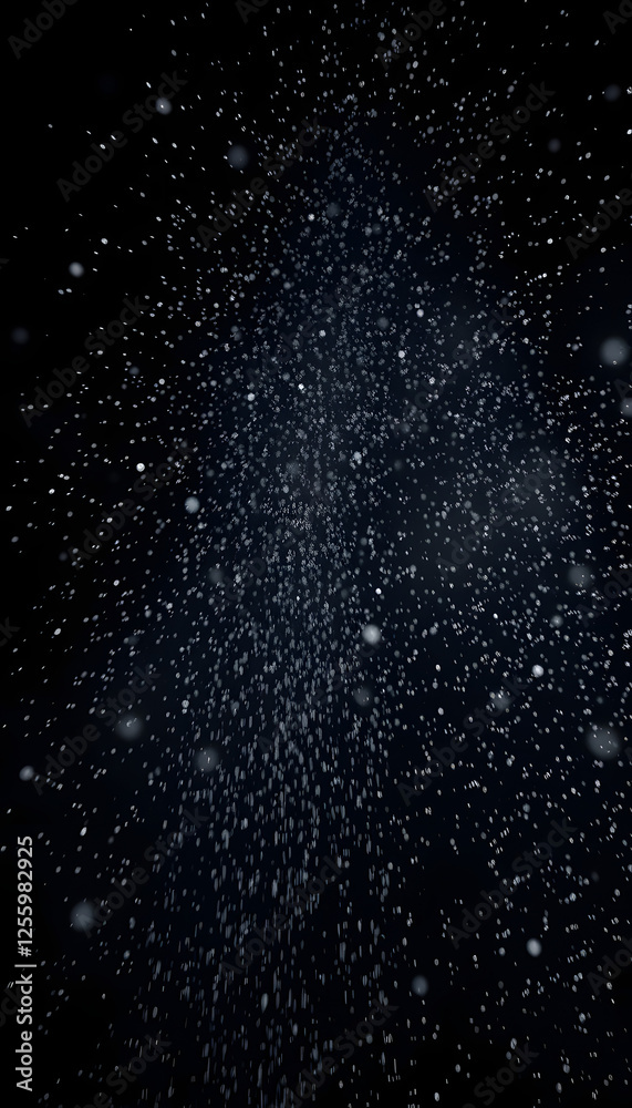 Obraz premium Million of Star Dust, Photo image of falling down shower rain snow, heavy snows storm flying. Freeze shot on black background isolated overlay. Spray water fog smoke as star particle on wind, silhou