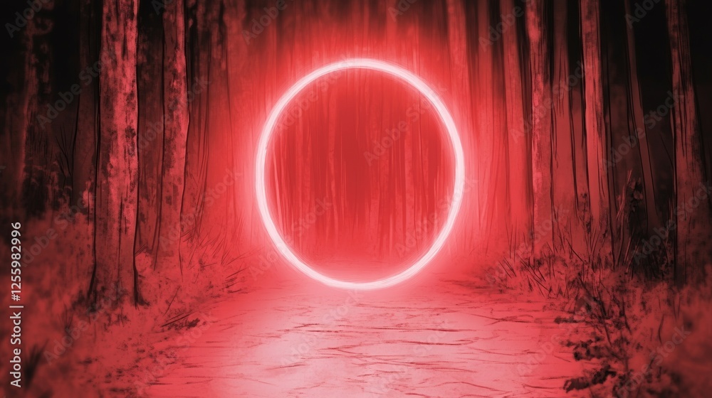 Obraz premium Mysterious red neon circle in a dark forest. Surreal and atmospheric.