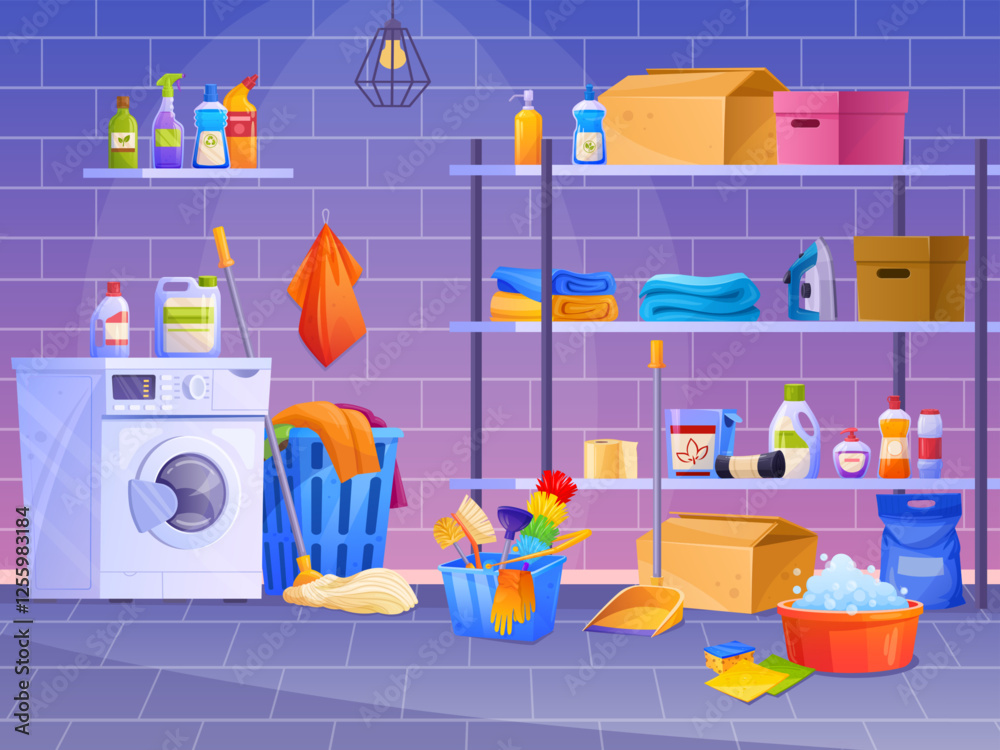 Laundry room interior. House basement with washing dryer machine, full basket dirty clothes or on racks, detergent box staircase in home cellar for wash, tidy vector illustration