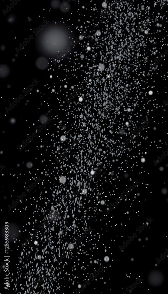 Obraz premium Million of Star Dust, Photo image of falling down shower rain snow, heavy snows storm flying. Freeze shot on black background isolated overlay. Spray water fog smoke as star particle on wind, isomet