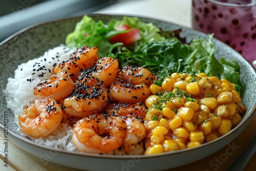 Delicious shrimp bowl with rice corn and fresh greens garnished with sesame seeds A colorful and healthy meal