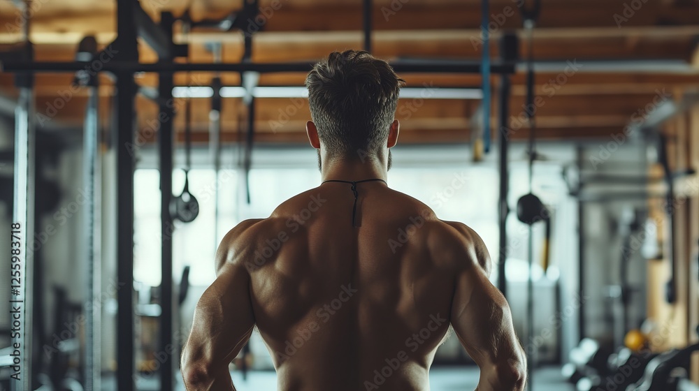 Fit and strong – back view of athletic man training in modern gym