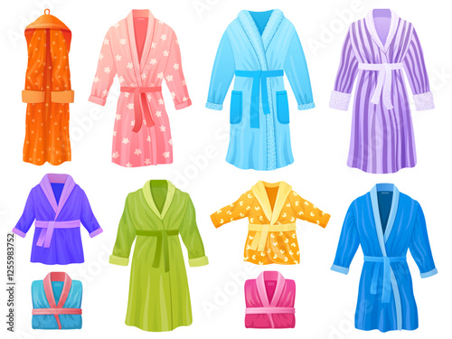 Cartoon bathrobes. Dressing gown, spa bathrobe housecoat with belt home bathroom clothing shower robe luxury hotel dress soft cotton kimono or pajamas, tidy vector illustration
