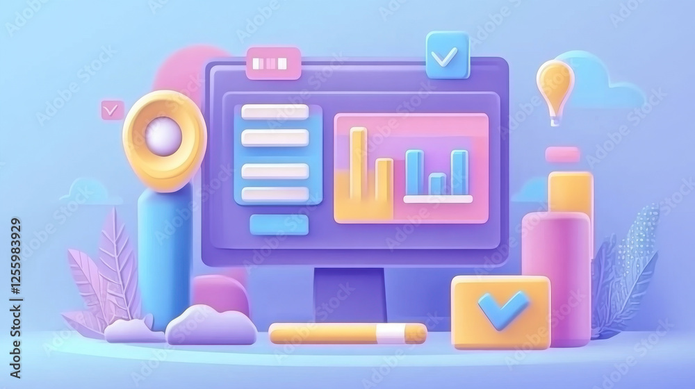 Computer with open pages. Landing page template for web. Data analytics Computer with open pages. Landing page template for web. Data analytics