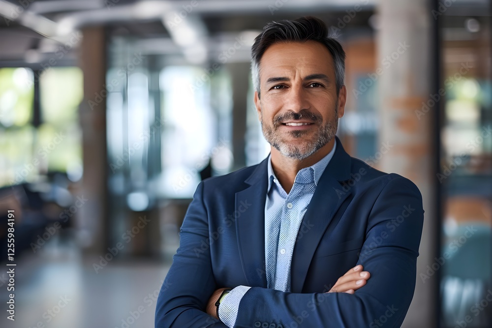 Fototapeta premium Confident Business Professional Displays Success and Achievement in Modern Office Setting, Exuding Leadership and Expertise with Positivity.