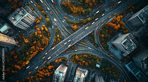 Aerial View of Urban Roads and Fall Foliage in a Busy Cityscape