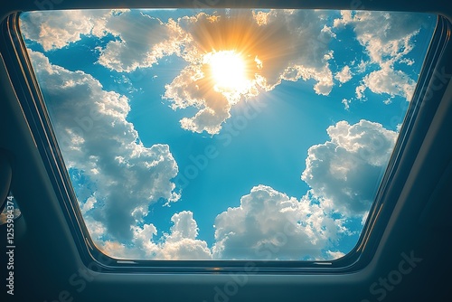 Sunlight bursts through a car's sunroof illuminating fluffy clouds against a brilliant blue sky creating a sense of freedom and spaciousness