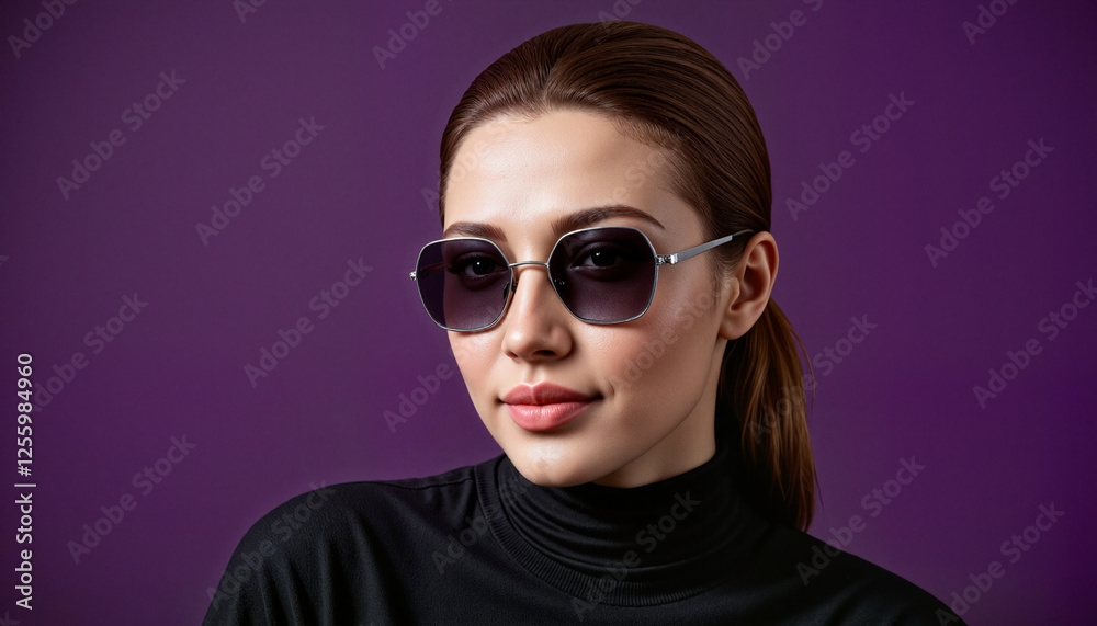Stylish model with slicked-back hair wearing futuristic sunglasses against purple background Stylish model with slicked-back hair wearing futuristic sunglasses against purple background