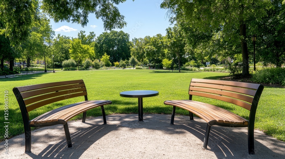 Scenic park view featuring two wooden benches facing each other under a clear blue sky Scenic park view featuring two wooden benches facing each other under a clear blue sky