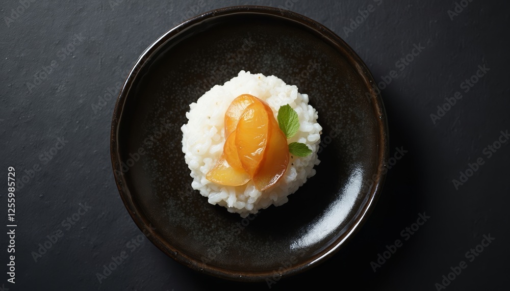 Elegant rice pudding topped with apricot segments and mint leaves Elegant rice pudding topped with apricot segments and mint leaves
