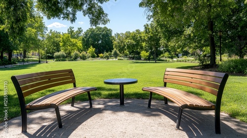 Fototapeta Naklejka Na Ścianę i Meble -  Scenic park view featuring two wooden benches facing each other under a clear blue sky