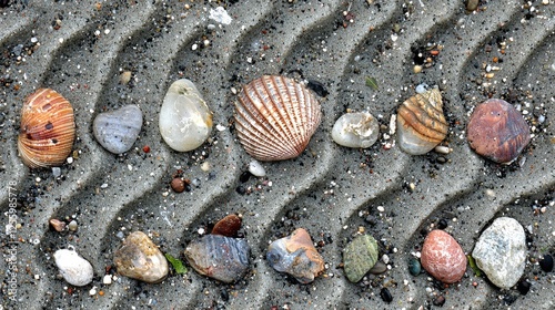 Beach treasures, Seashells and stones on textured sand, coastal still life photo