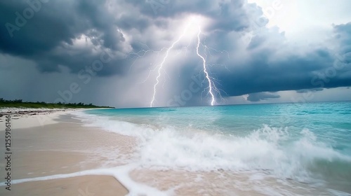 Tropical beach thunderstorm lightning ocean waves