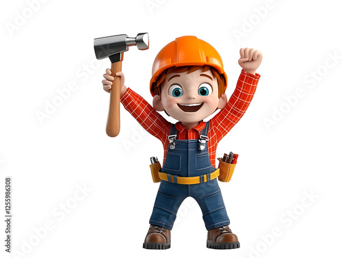 Joyful construction kid holding hammer playroom 3d animation colorful environment upbeat concept