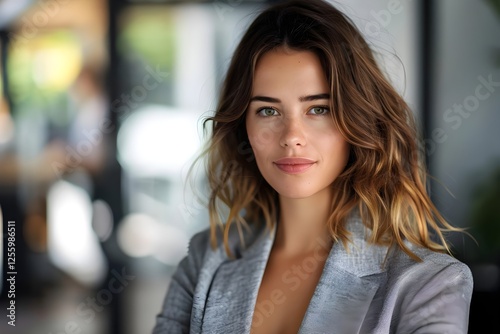 Wallpaper Mural Attractive Woman with Green Eyes Confidently Poses in Grey Blazer,  Smiling Serenely:  A Portrait of Modern Feminine Style and Elegance.  Professional Image,  Business Attire,  Corporate Success Torontodigital.ca