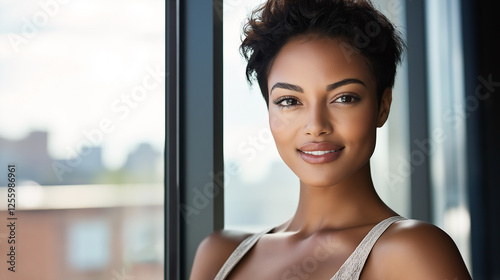 Free Download Beautiful smiling woman with short hair posing by window in modern apartment - GFXLoad