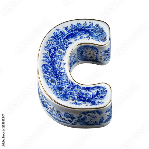 Letter C is designed in a porcelain style, featuring intricate blue floral patterns like Delftware or fine Chinese porcelain. Gold-trimmed edges add an elegant, luxurious touch.