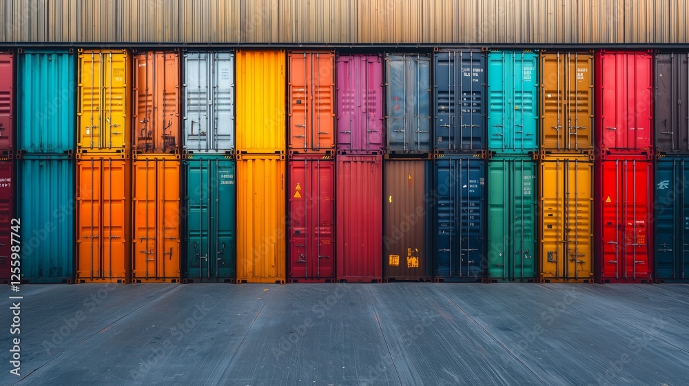 Fototapeta premium Colorful Cargo Containers Stacked in Industrial Shipping Yard