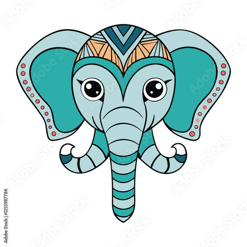 Intricate zentangle elephant face featuring detailed patterns and bold lines. The design highlights the majestic trunk, tusks, and ears with mesmerizing geometric shapes.