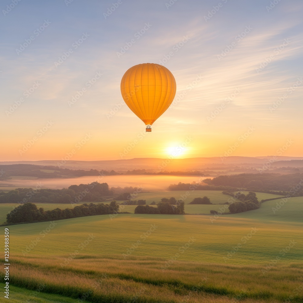 Fototapeta premium Hot Air Balloon Gliding Over Scenic Sunrise Landscape at Dawn