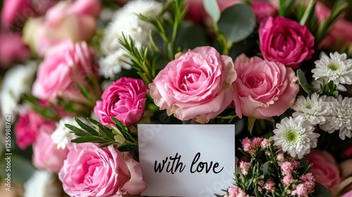Beautiful bouquet of roses with a card "With love"