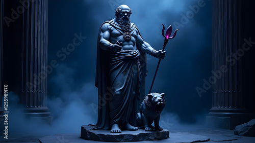 Majestic statue of Hades, god of the underworld, standing in a dark temple with Cerberus at his side. A powerful symbol of mystery, the afterlife, and ancient mythology. photo