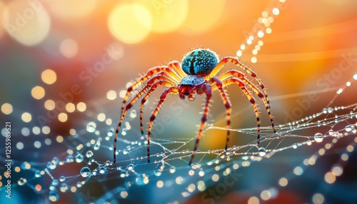 Vibrant spider on its detailed web sparkling with dew in the soft glow of morning light photo