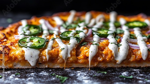 A slice of pizza with spicy, red onions, and a drizzle of ranch dressing, shown on a transparent background