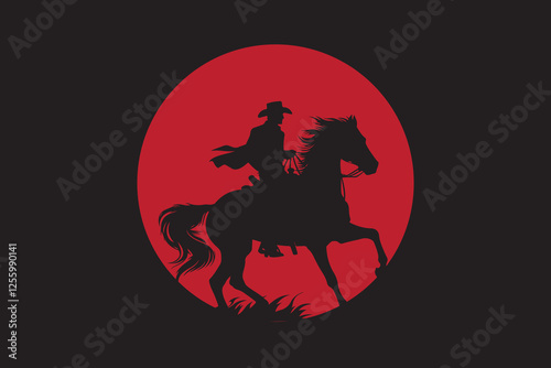 cowboy riding a horse against a massive red emblem