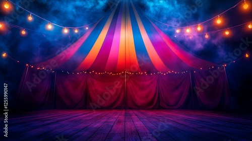 A vibrant, multicolored circus tent background adorned with twinkling lights, offering ample space for text
