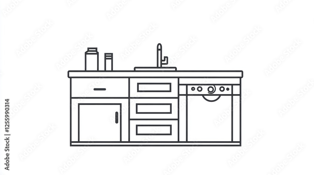 Kitchen counter with sink, stove, and dishwasher. Line drawing. Interior design Kitchen counter with sink, stove, and dishwasher. Line drawing. Interior design