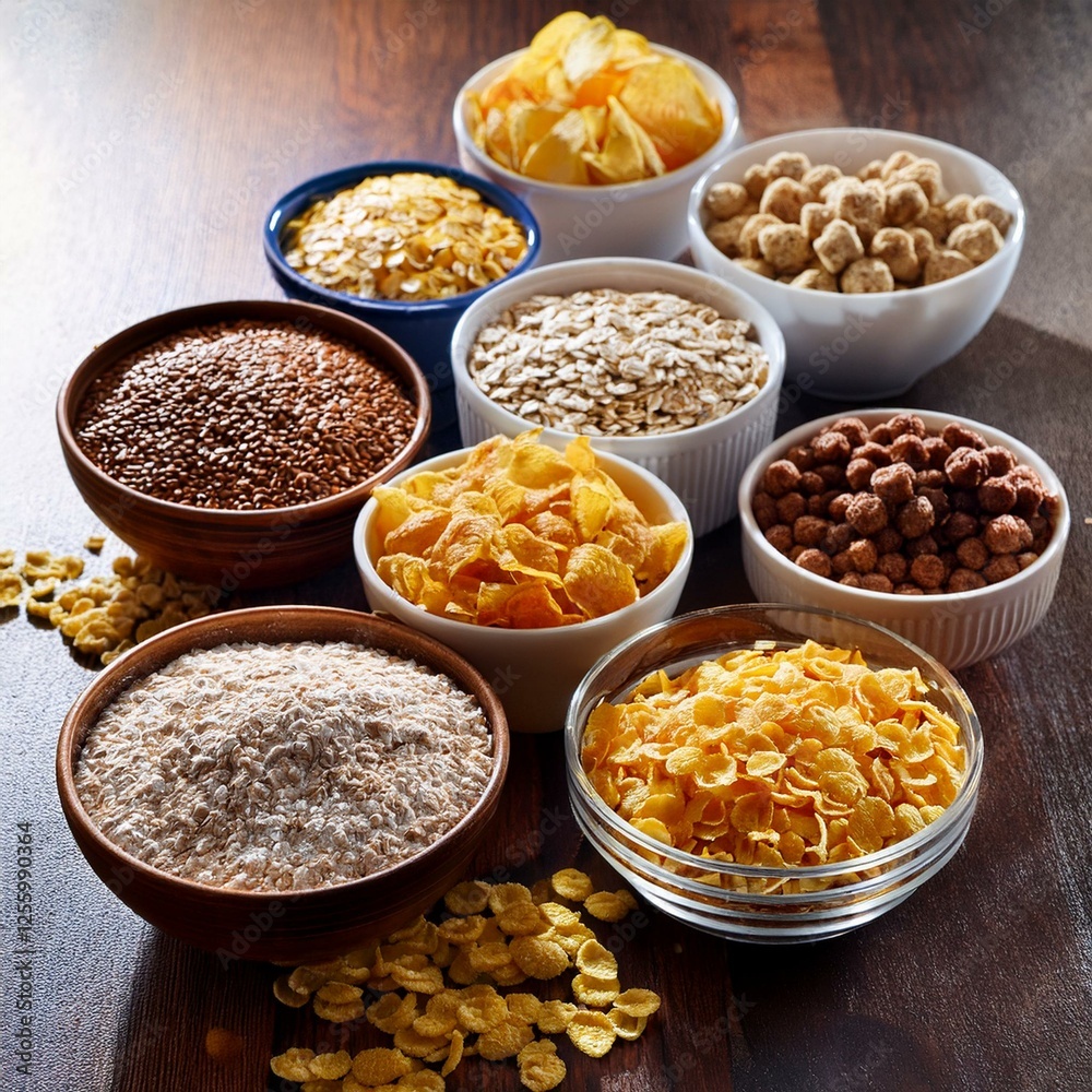 An assortment of cereals and grains is displayed in bowls on a wooden surface. The collection includes flakes, oats, seeds, and dried fruit, promoting nutritious breakfast choices. An assortment of cereals and grains is displayed in bowls on a wooden surface. The collection includes flakes, oats, seeds, and dried fruit, promoting nutritious breakfast choices.