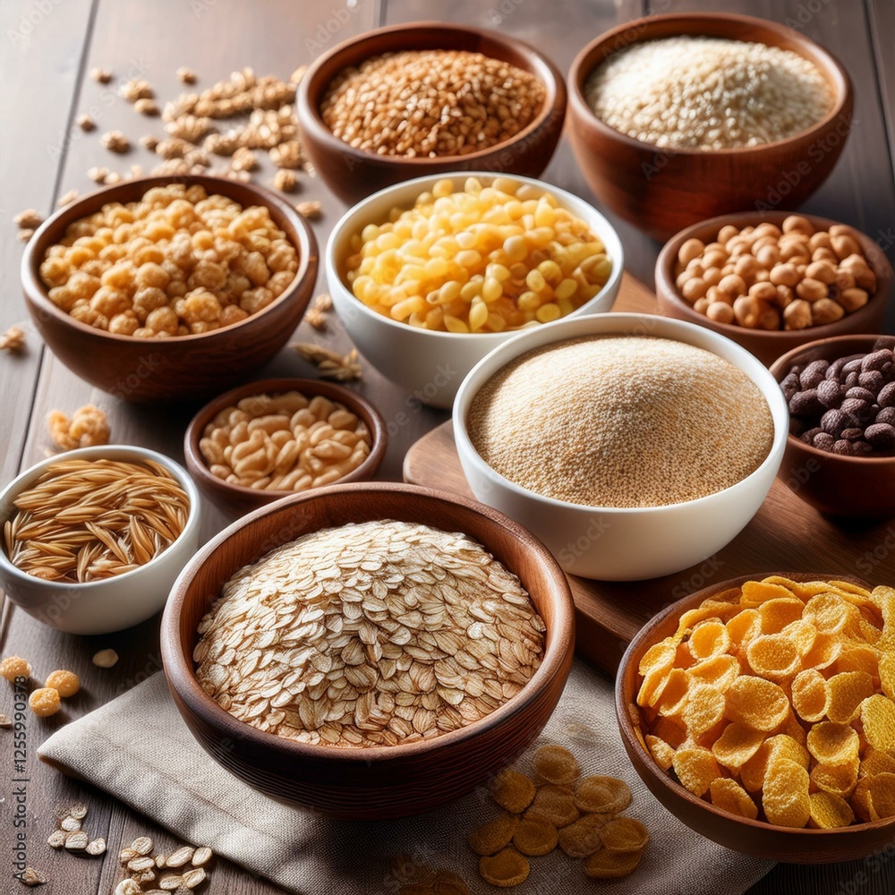 Various grains and cereals displayed in wooden bowls showcase a diverse range of textures and colors, perfect for healthy meals or recipes. Natural elements enhance the rustic vibe. Various grains and cereals displayed in wooden bowls showcase a diverse range of textures and colors, perfect for healthy meals or recipes. Natural elements enhance the rustic vibe.