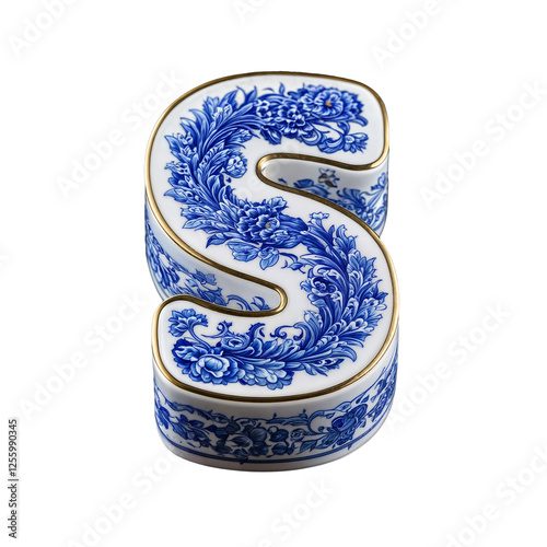 Letter S is designed in a porcelain style, featuring intricate blue floral patterns like Delftware or fine Chinese porcelain. Gold-trimmed edges add an elegant, luxurious touch.