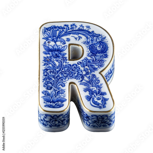 Letter R is designed in a porcelain style, featuring intricate blue floral patterns like Delftware or fine Chinese porcelain. Gold-trimmed edges add an elegant, luxurious touch.