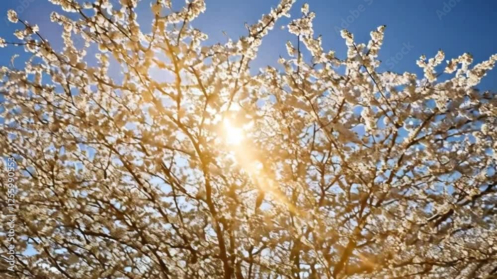 Sun Shine Through White Flowers On Branches. Spring Season. Tree Blossom Natural Background In Broad Daylight With Sun Highlight Though Branches Sun Shine Through White Flowers On Branches. Spring Season. Tree Blossom Natural Background In Broad Daylight With Sun Highlight Though Branches
