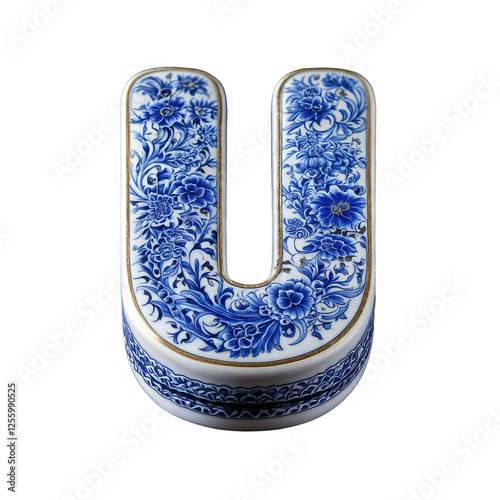 Letter U is designed in a porcelain style, featuring intricate blue floral patterns like Delftware or fine Chinese porcelain. Gold-trimmed edges add an elegant, luxurious touch.