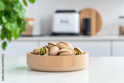 Pistachios in a wooden plate on a white surface photo