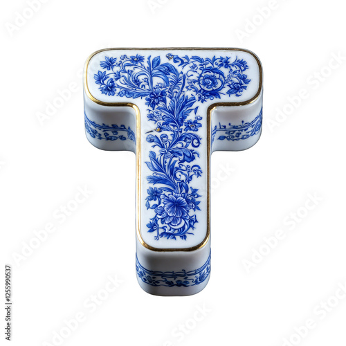 Letter T is designed in a porcelain style, featuring intricate blue floral patterns like Delftware or fine Chinese porcelain. Gold-trimmed edges add an elegant, luxurious touch.