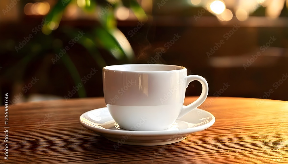 Obraz premium Steaming cup of coffee on wooden table in cozy café with warm sunlight