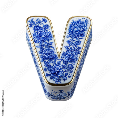 Letter V is designed in a porcelain style, featuring intricate blue floral patterns like Delftware or fine Chinese porcelain. Gold-trimmed edges add an elegant, luxurious touch.