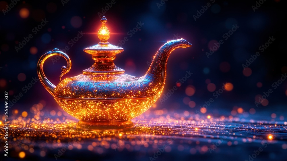 Naklejka premium Glowing genie lamp, magic, dark background, wishes, fantasy