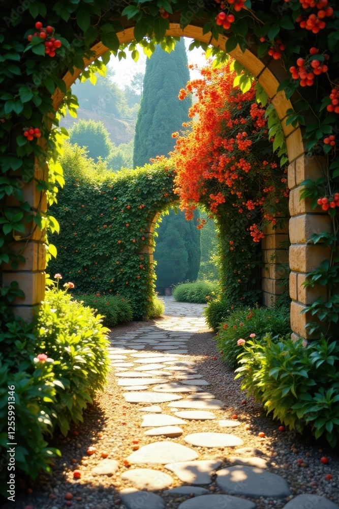 Fototapeta premium Sun-drenched Valencia garden, vibrant orange blossoms Lush foliage, Andalusian style , plant, orange blossoms
