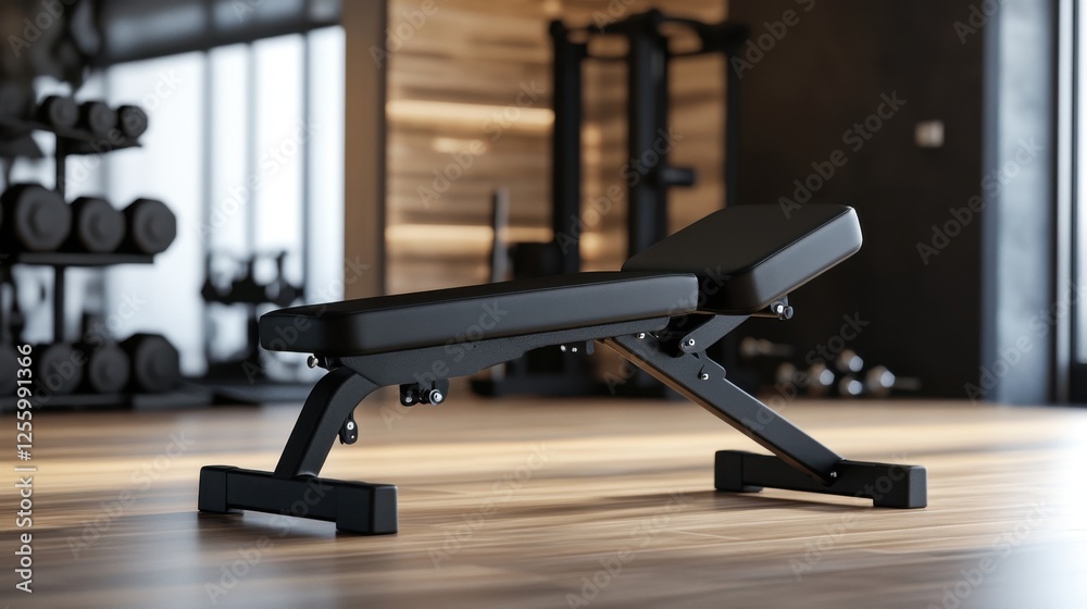 Obraz premium A black adjustable weight bench sits in a modern gym. Dumbbells are in the background, suggesting a workout environment. The bench is clean and well-maintained