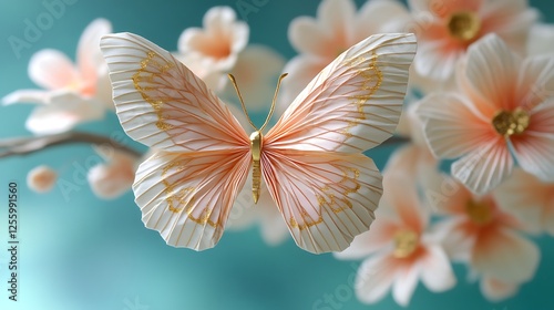 Elegant Peach Butterfly Amongst Delicate Paper Flowers