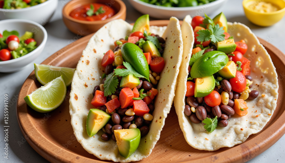 Vibrant black bean tacos with fresh toppings on a wooden platter, tasty delight Vibrant black bean tacos with fresh toppings on a wooden platter, tasty delight