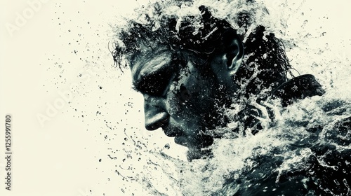 A dramatic monochrome portrait of a man, seemingly merging with water, evokes a sense of struggle and transformation.